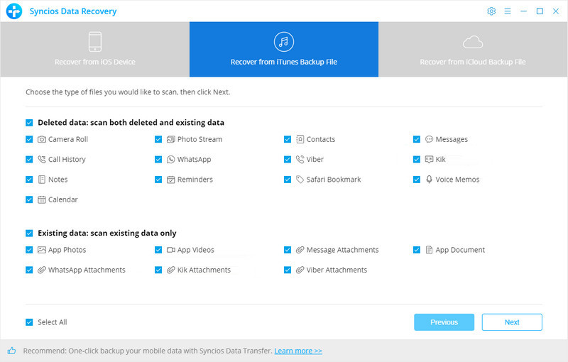 select items restore from iTunes backup